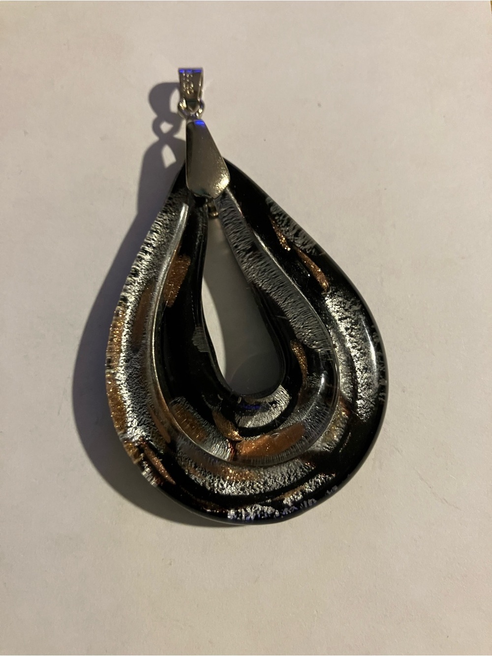Murano-style Dichroic Glass Black and Silver Teardrop Pendant with 18KGP Bail